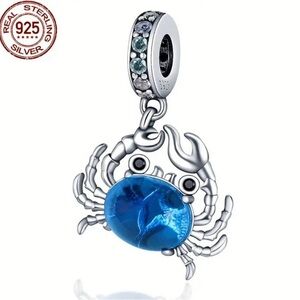 🦀 New! 925 Sterling Silver Blue Gem Crab Charm Bead w Cubic Zercon Crystals